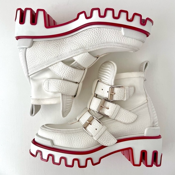 CHRISTIAN LOUBOUTIN | Dune Buckle Red Sole Ankle Platform Booties White Leather - Picture 12 of 16